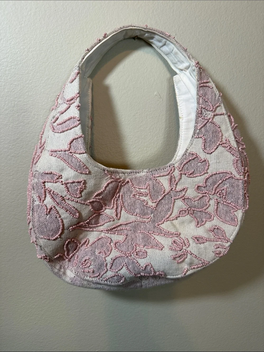 Pink Embroidered Crescent Shoulder Bag